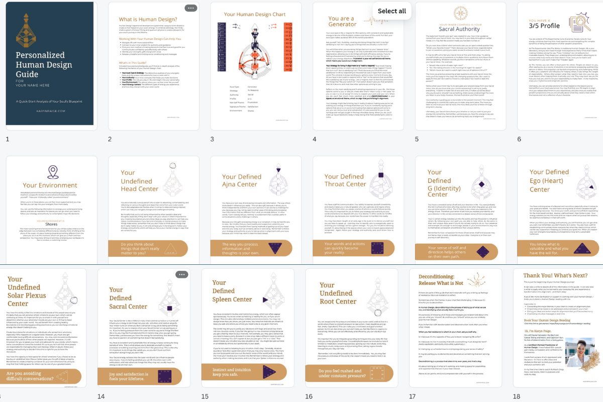 Sample pages from Personalized Human Design Guide, a digital product created by Karyn Paige - Human Design Coach for Women of Color